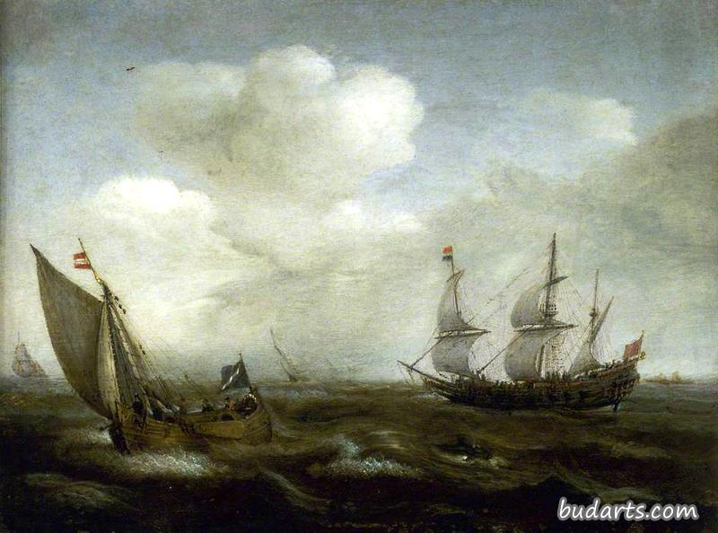 一艘荷兰船和一艘在微风中航行的帆船