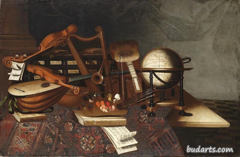 A painter's palette and brushes, musical instruments, books, a globe and two chests, on a table partly draped with a carpet