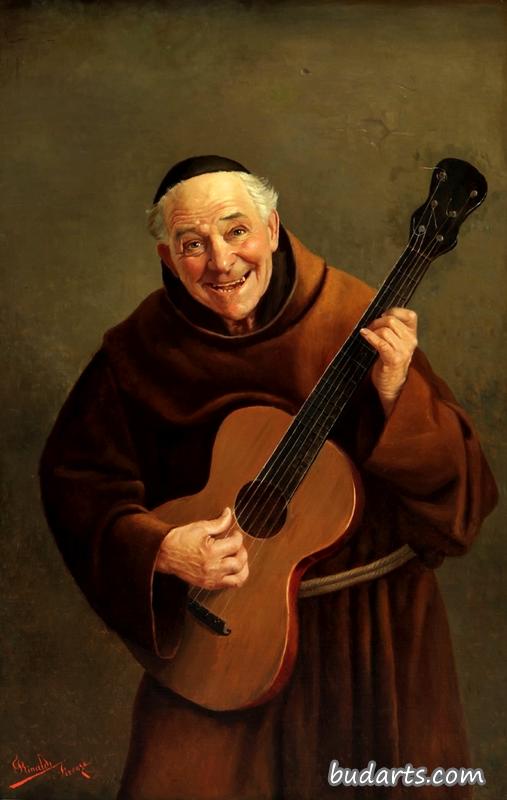 一个僧侣弹吉他的画像