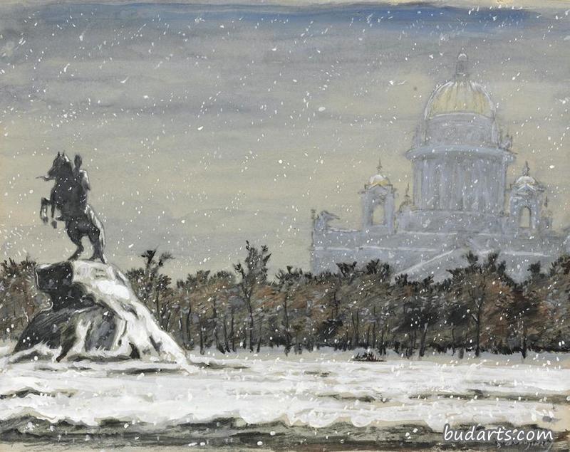 带圣艾萨克大教堂的青铜骑士冬季景观