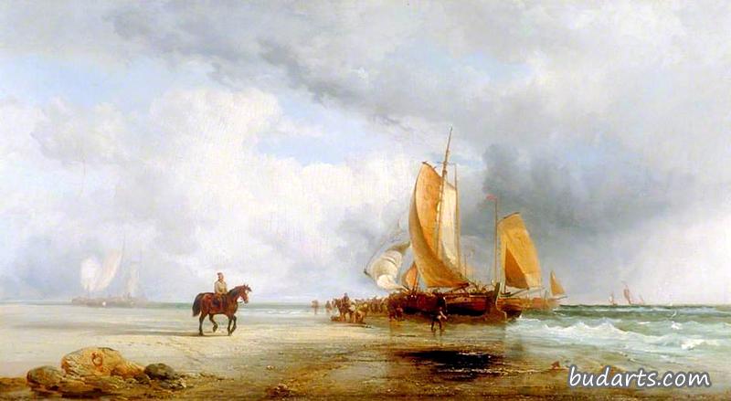 荷兰鲱鱼巴士在海滩卸货