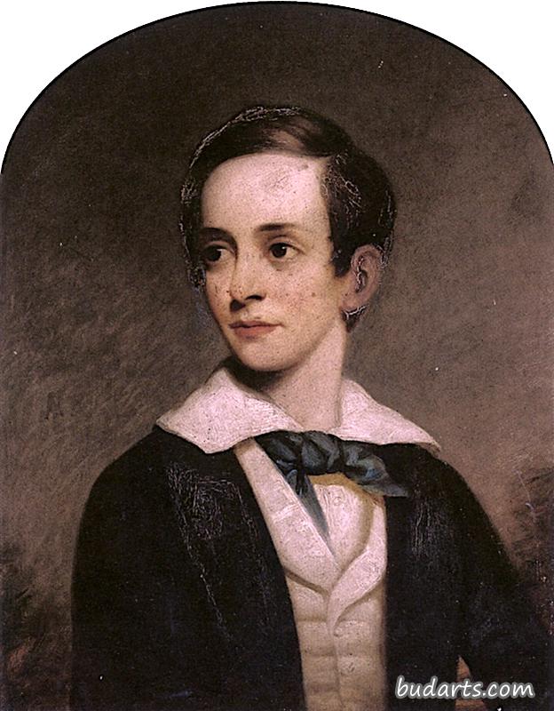 一个小男孩的肖像，半身，蓝色夹克，白色背心和蓝色领结