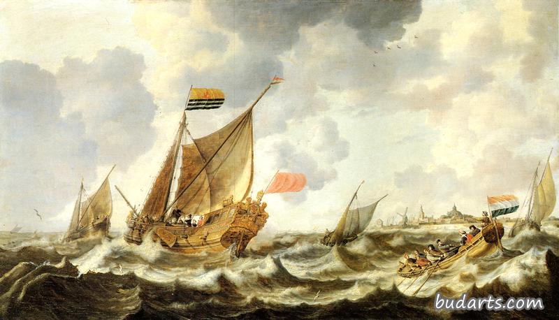 A Rowing Vessel approaching a Zeeland States Yacht Firing a Salute, in Choppy Seas off Vlissingen, with Other Shipping Beyond