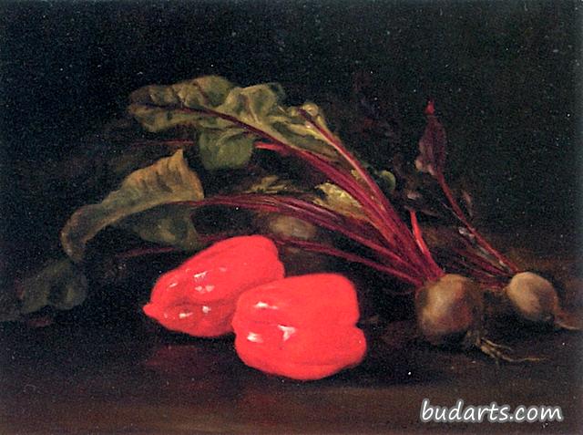 有甜菜和红辣椒的静物画