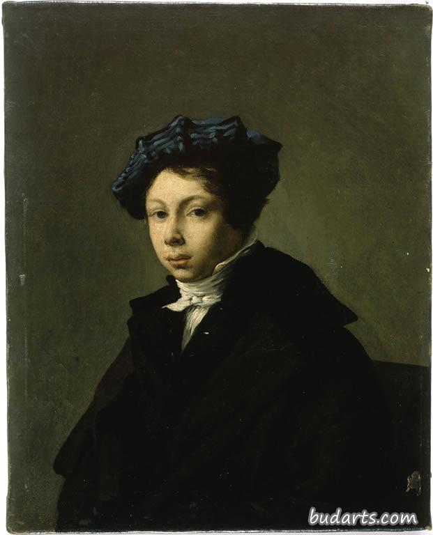 一个戴蓝色贝雷帽的年轻人的画像