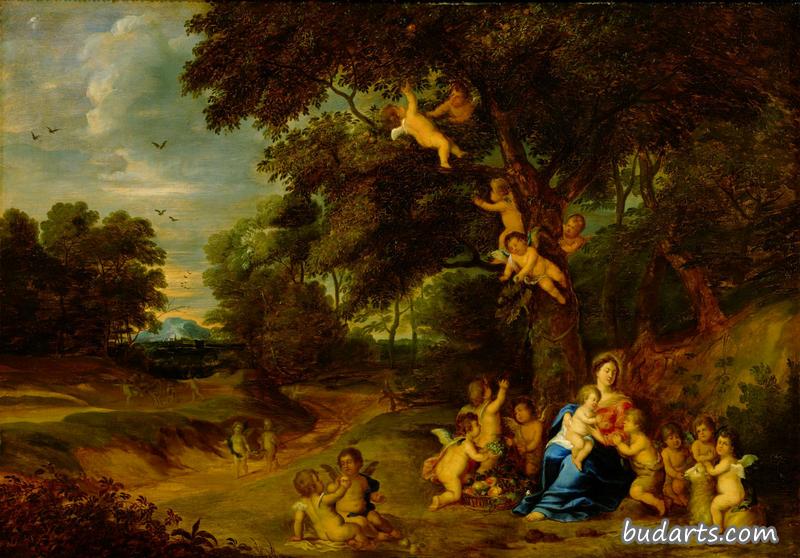 玛丽带着孩子和天使在森林里