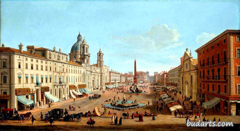 Rome, Piazza Navona with Palazzo Pamphilj and the churches of Sant’Agnese in Agone and San Giacomo d