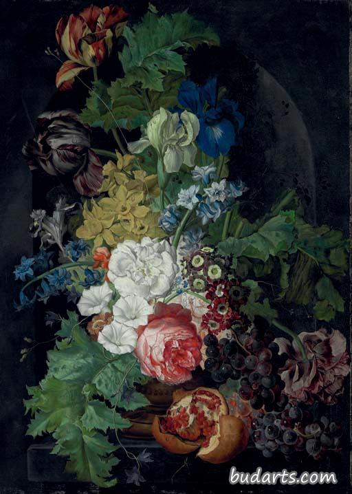 Tulips, irises, morning glories and other flowers in an urn, with grapes and a pomegranate, in a stone niche