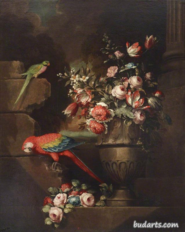 瓮中有花和两只鹦鹉的静物画