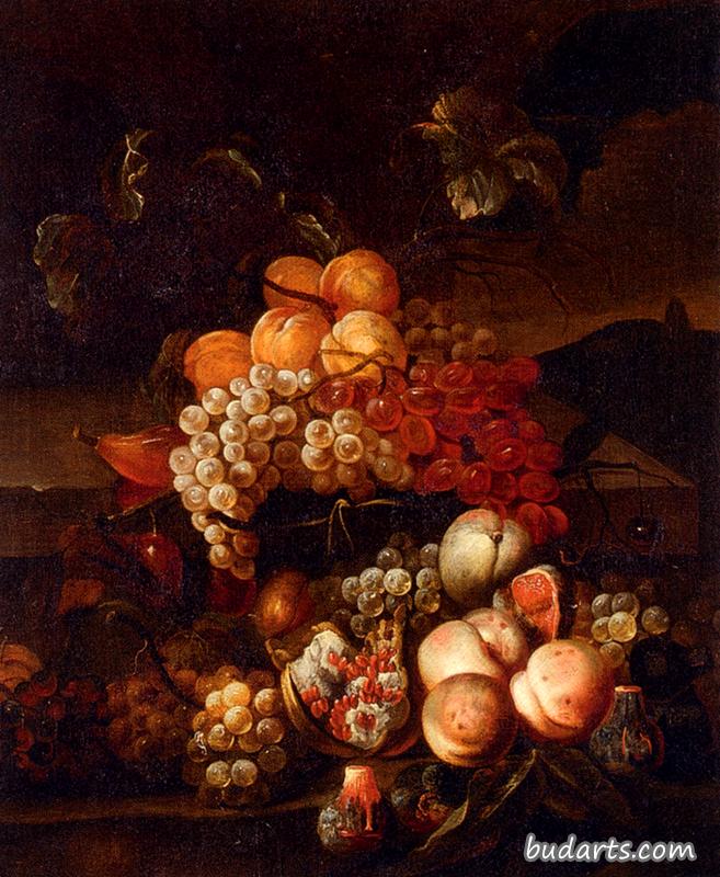 葡萄、桃子和无花果的静物画