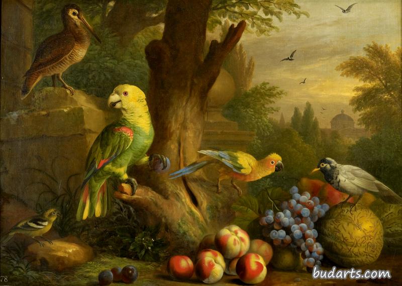 风景中的鸟和水果