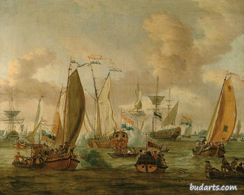 为纪念沙皇彼得大帝的到访，在阿姆斯特丹伊吉岛上重演一场战斗