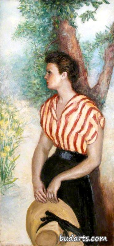 一位女士的肖像，穿着条纹衬衫，戴着太阳帽