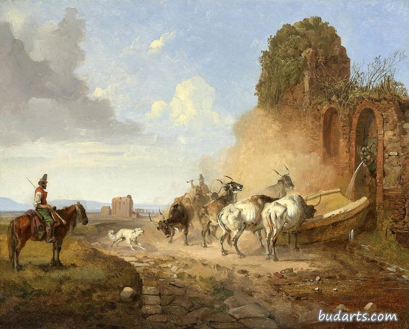 Cattle Watering at a Fountain on the Via Appia Antiqua with the Ruins of an Aqueduct in the Background