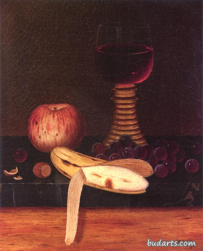 桌面上有水果和葡萄酒的静物画