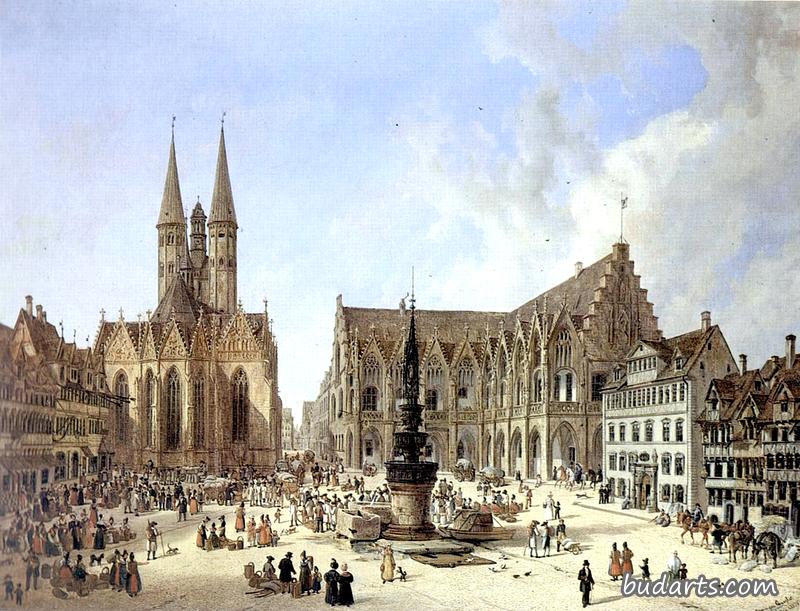 旧城集市广场，有旧城市政厅、圣玛丽喷泉和圣玛丽教堂