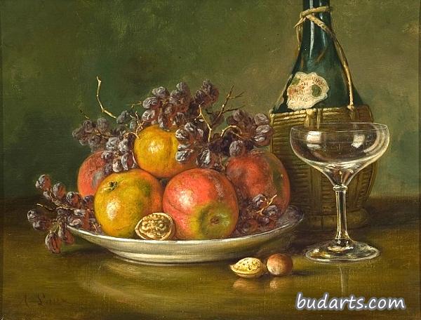静物画，加安蒂酒瓶和酒杯