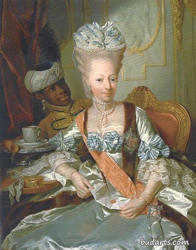 Louise Frederica of Württemberg, duchess of Mecklenburg-Schwerin, with the court's African servant Caesar