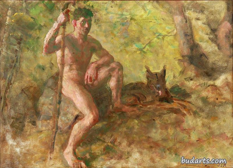 在森林里养狗的裸男