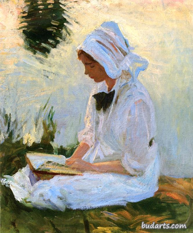 在溪边读书的女孩