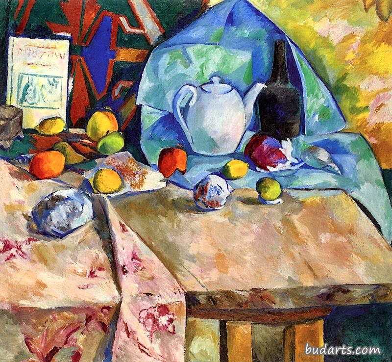 茶壶和桔子的静物画