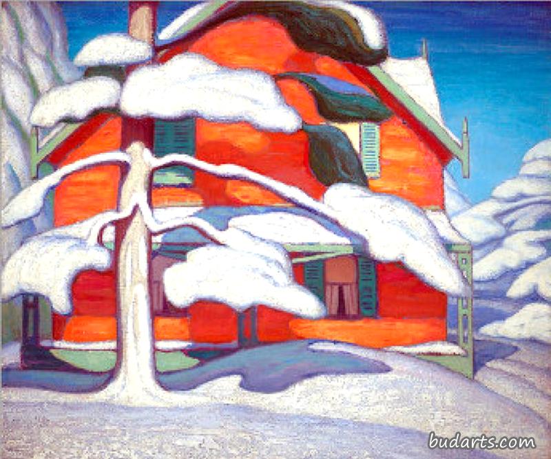 松树红楼，冬天，城市绘画
