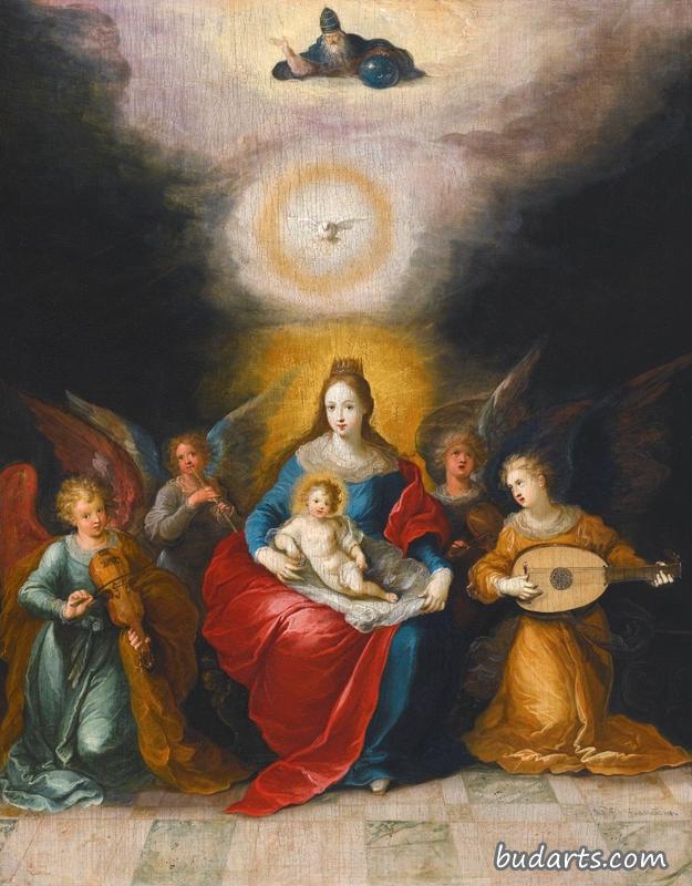 圣母和圣子被造音乐的天使、圣灵和父神环绕