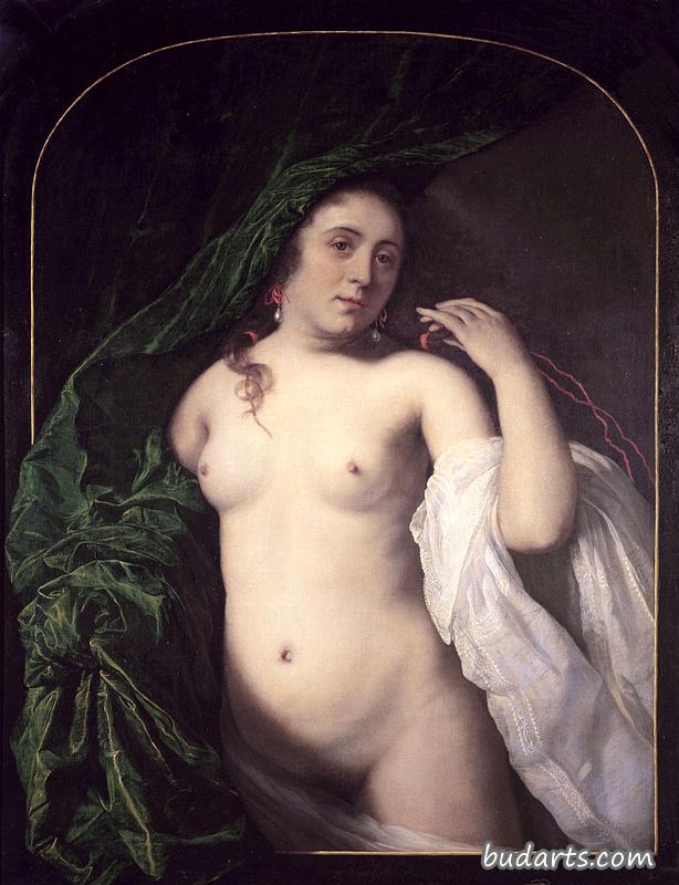 窗帘后面的裸体年轻女子