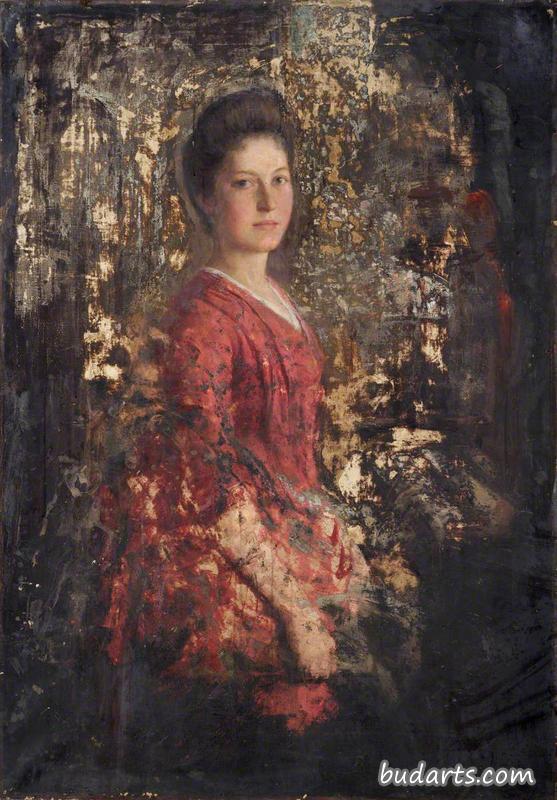一位穿红色连衣裙的女士的肖像