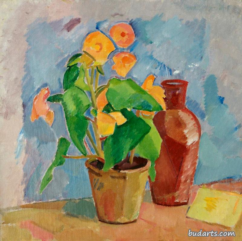 黄色秋海棠和棕色水壶的静物画