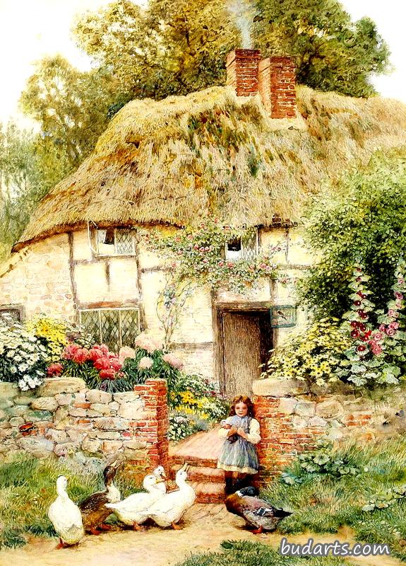 在小屋门口