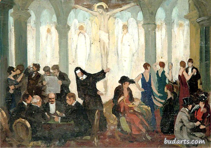 教堂内有聚会客人、天使和修女的聚会场景