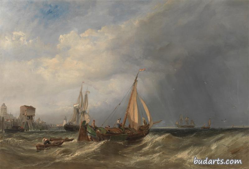 一艘荷兰驳船和商船驶出鹿特丹