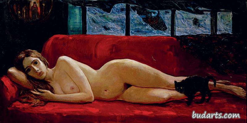 裸体躺在红色沙发上