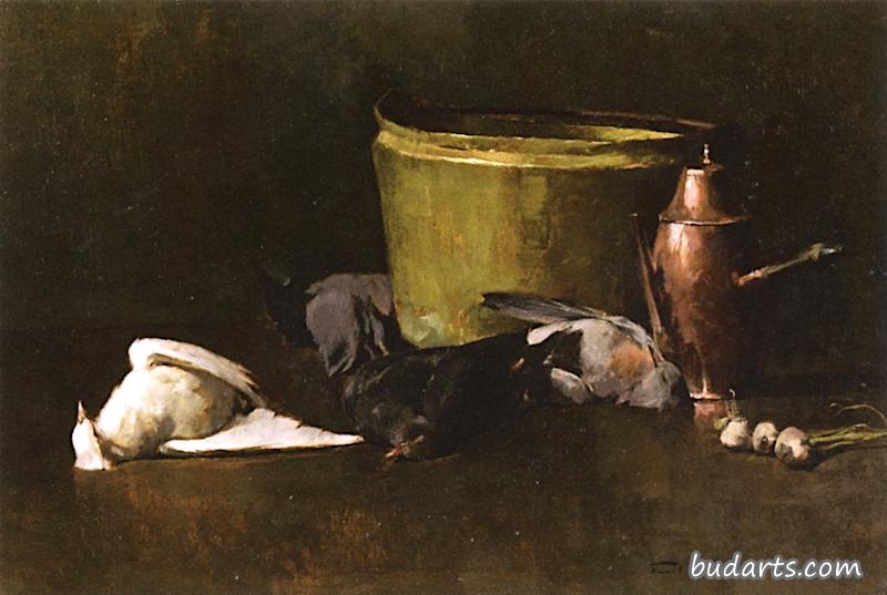 静物-黄铜碗，铜咖啡壶和鸽子