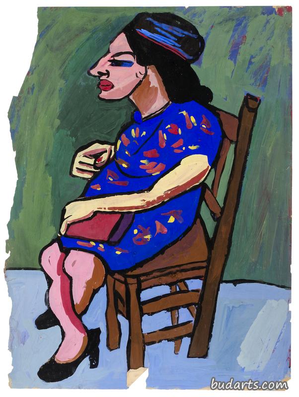 坐着的女人穿着蓝红色的衣服戴着帽子