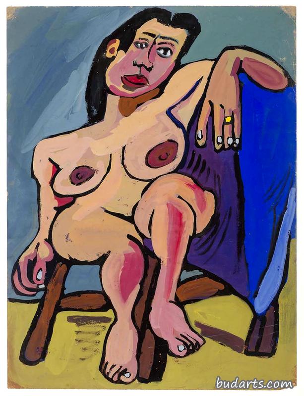 棕色椅子上的裸体女性坐姿