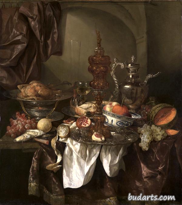 Still life with fruit, roast, silver- and glassware, porcelain and columbine cup on a dark tablecloth with white serviette.