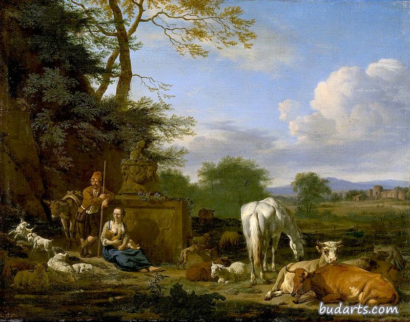 阿卡迪亚景观与休息的牧民和牛