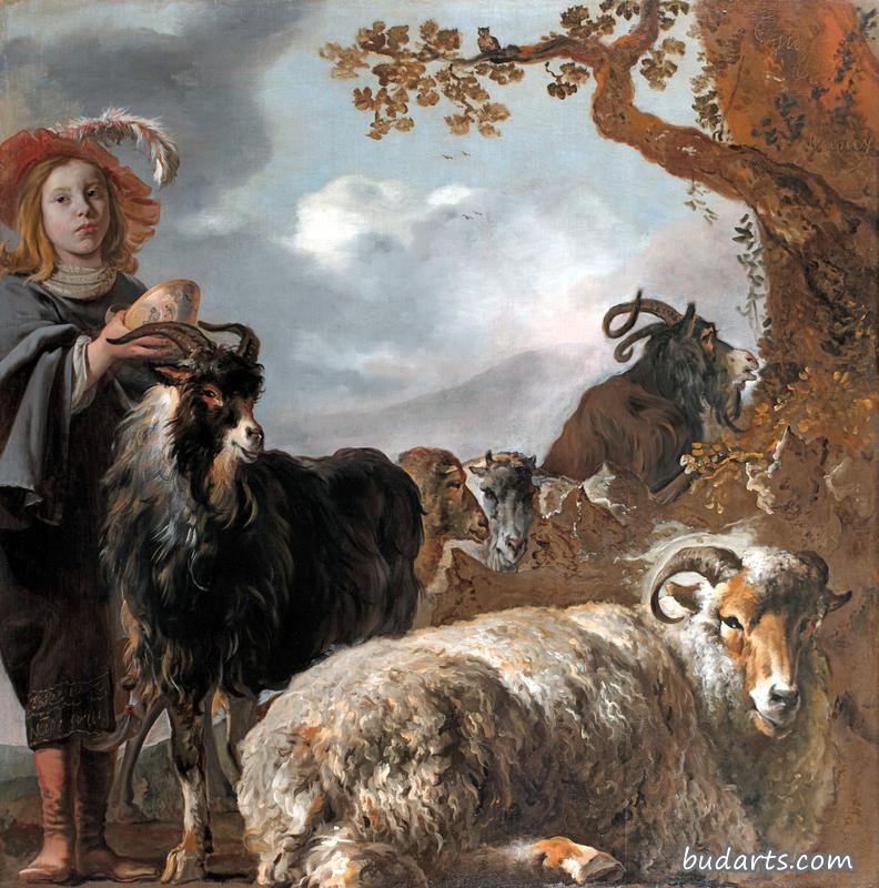 绵羊和山羊的年轻牧羊人画像