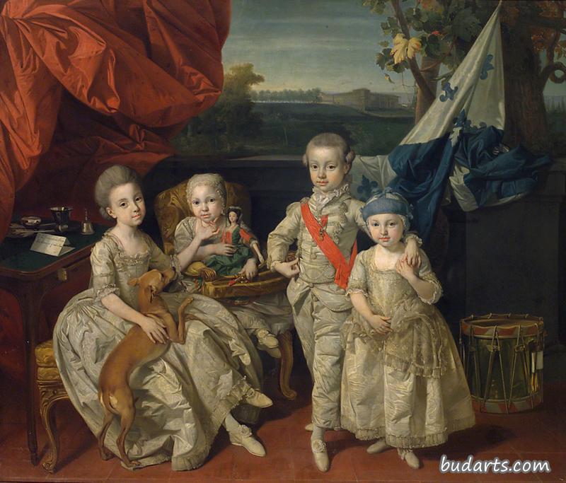 Prince Ludwig of Parma (1773-1803) with his three eldest siblings Karoline (1770-1804), Marie Antonie (1774-1841) and Charlotte (1777-1813)