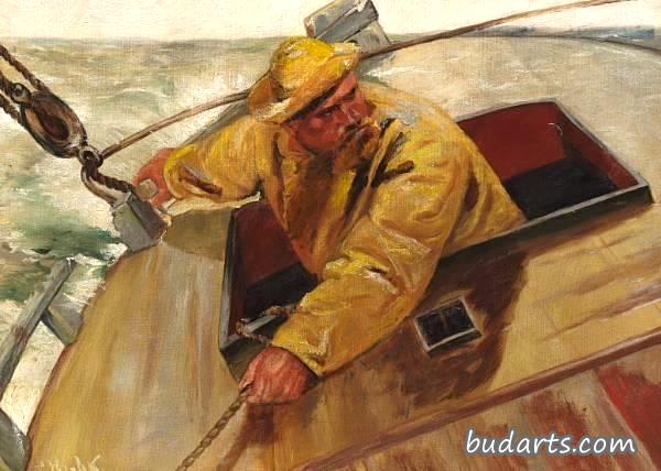 一个穿着黄色雨衣的渔夫在他的船上