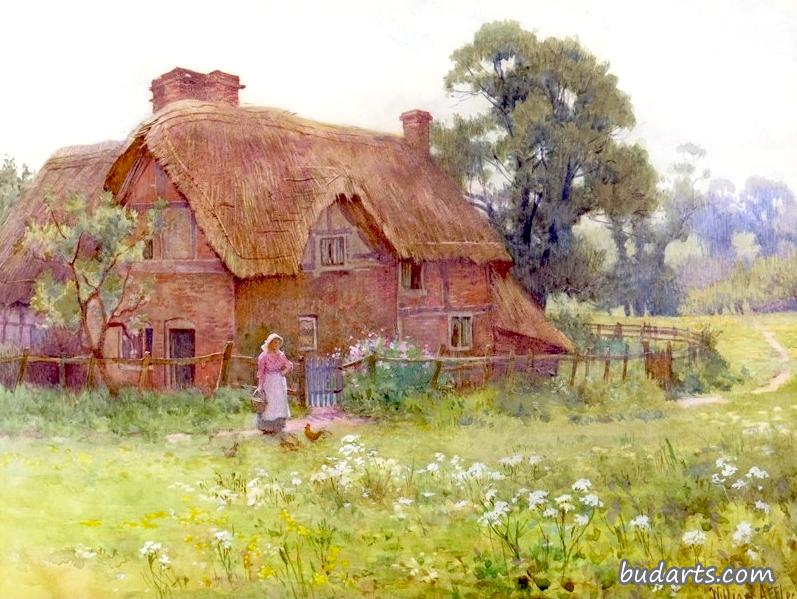 在乡间小屋养鸡的女仆