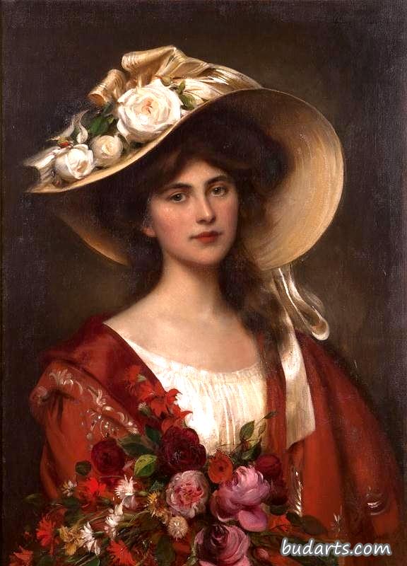 戴帽子拿着花束的年轻女子的肖像