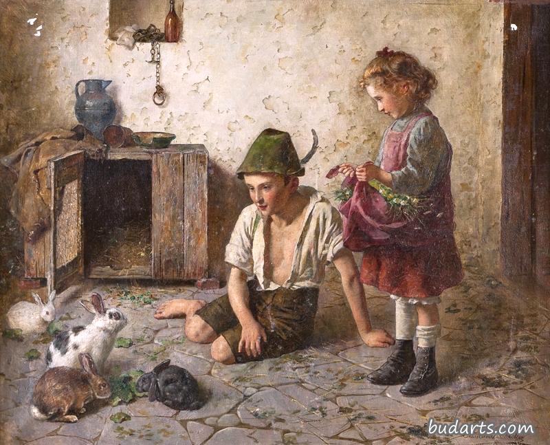 室内的儿童和兔子