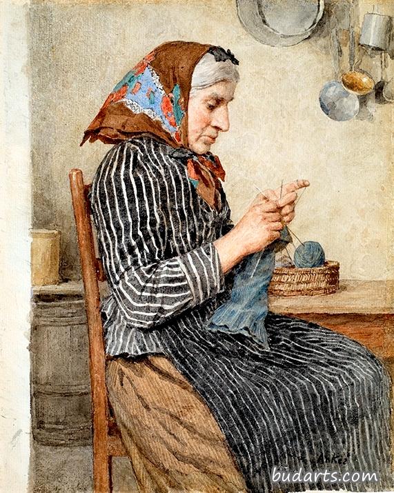 移民局的农妇在厨房里织毛衣