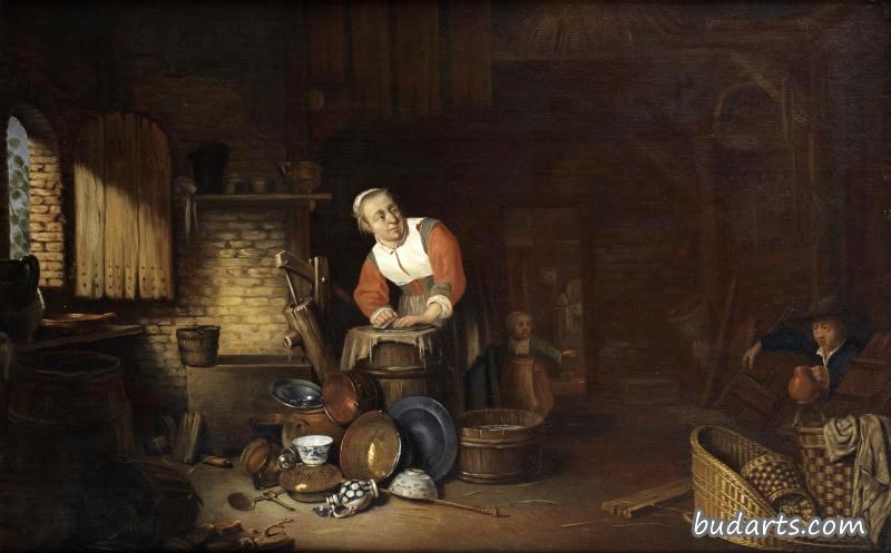 The interior of a cottage with a peasant woman cleaning kitchen utensils, a peasant coming up from the cellar on her left