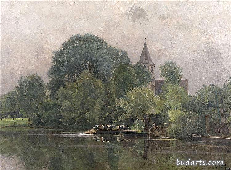 Transporting cows across river at Afstee