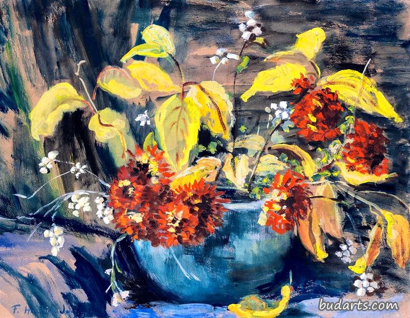 蓝色花盆静物画
