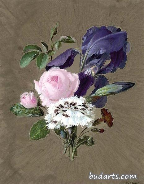 粉红玫瑰、鸢尾和白色康乃馨的静物画